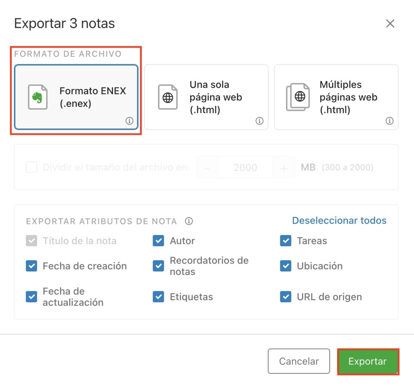 Formato ENEX para exportar