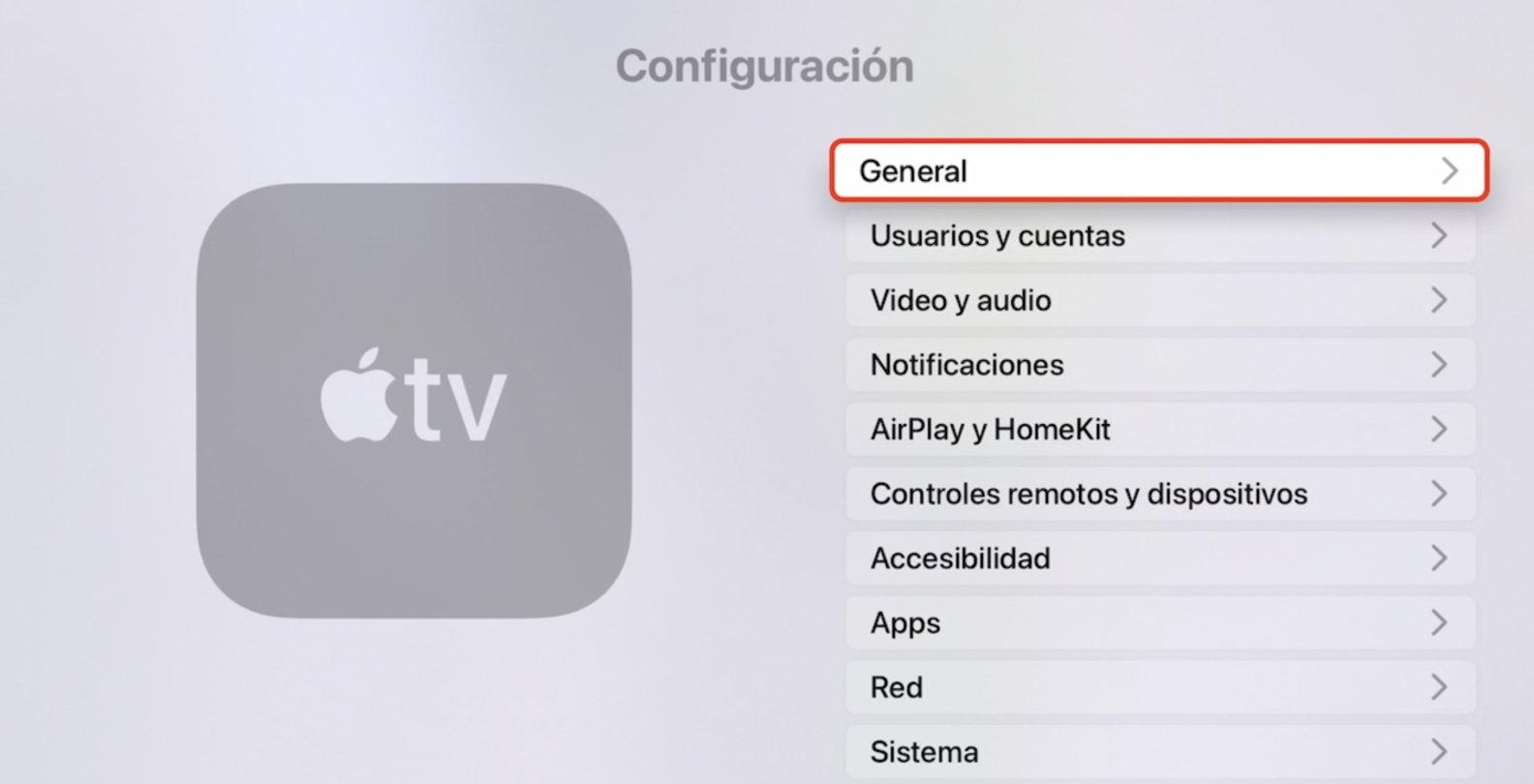 Configuración de Apple TV en General