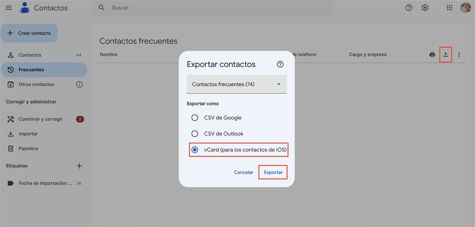 Exportar contactos de Google desde Chrome