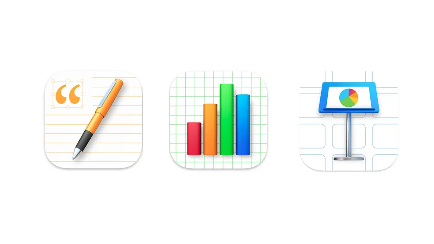 Suite actual de iWork con Pages, Numbers y Keynote