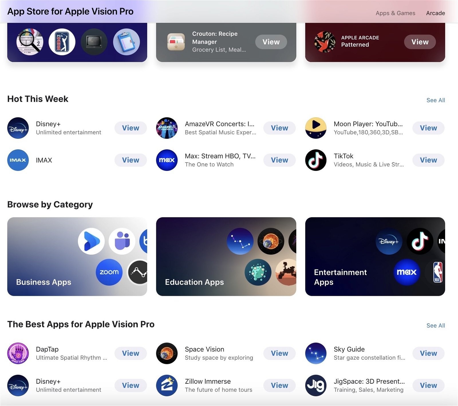 Buscar apps por categoria en Apple Vision Pro