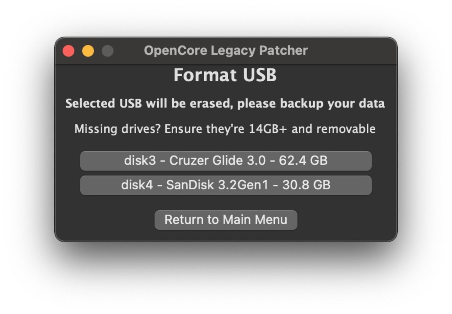 Seleccionar unidad USB para crear el instalador de OCLP