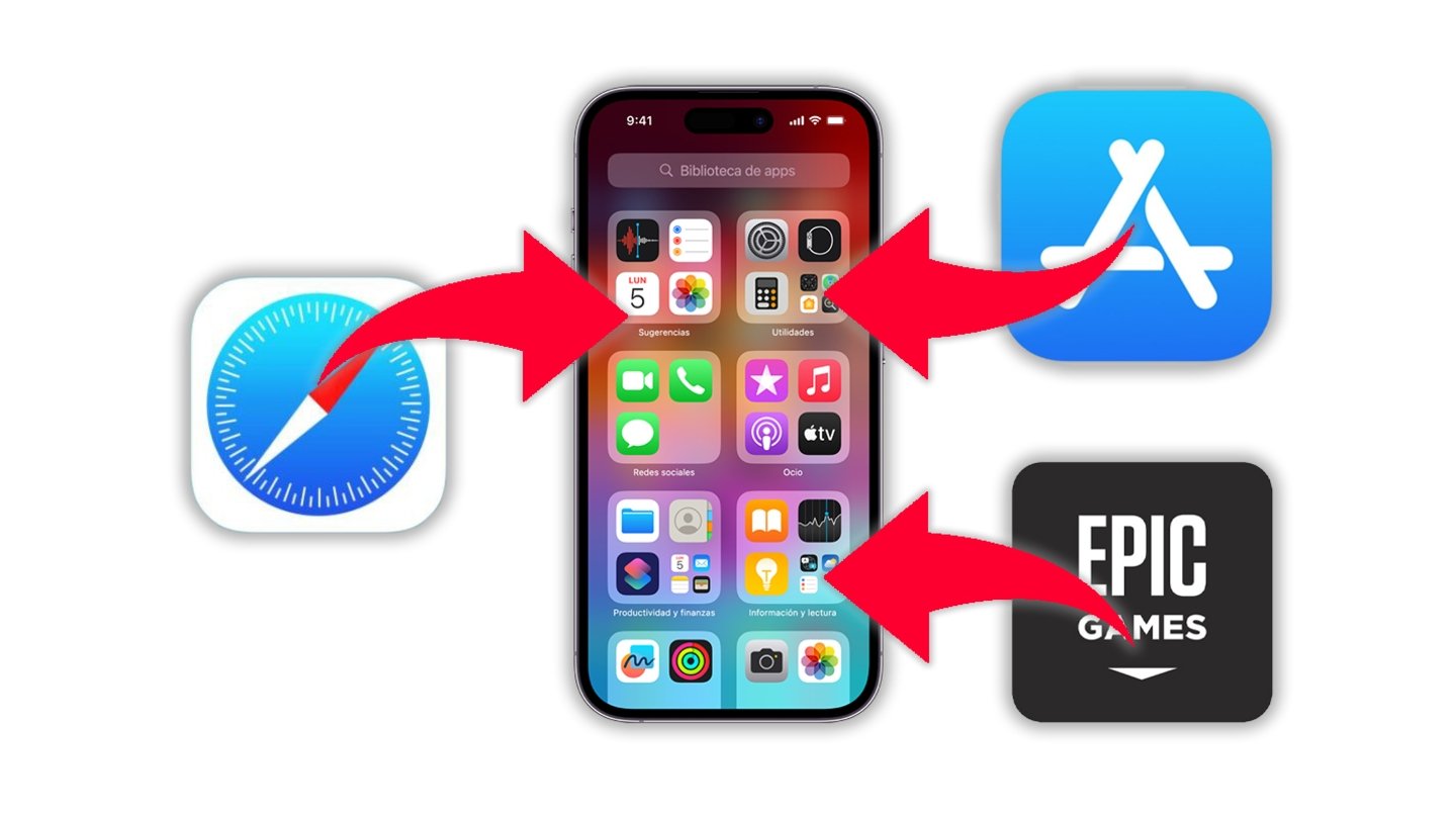 iPhone con iconos de App Store, Safari y Epic Store