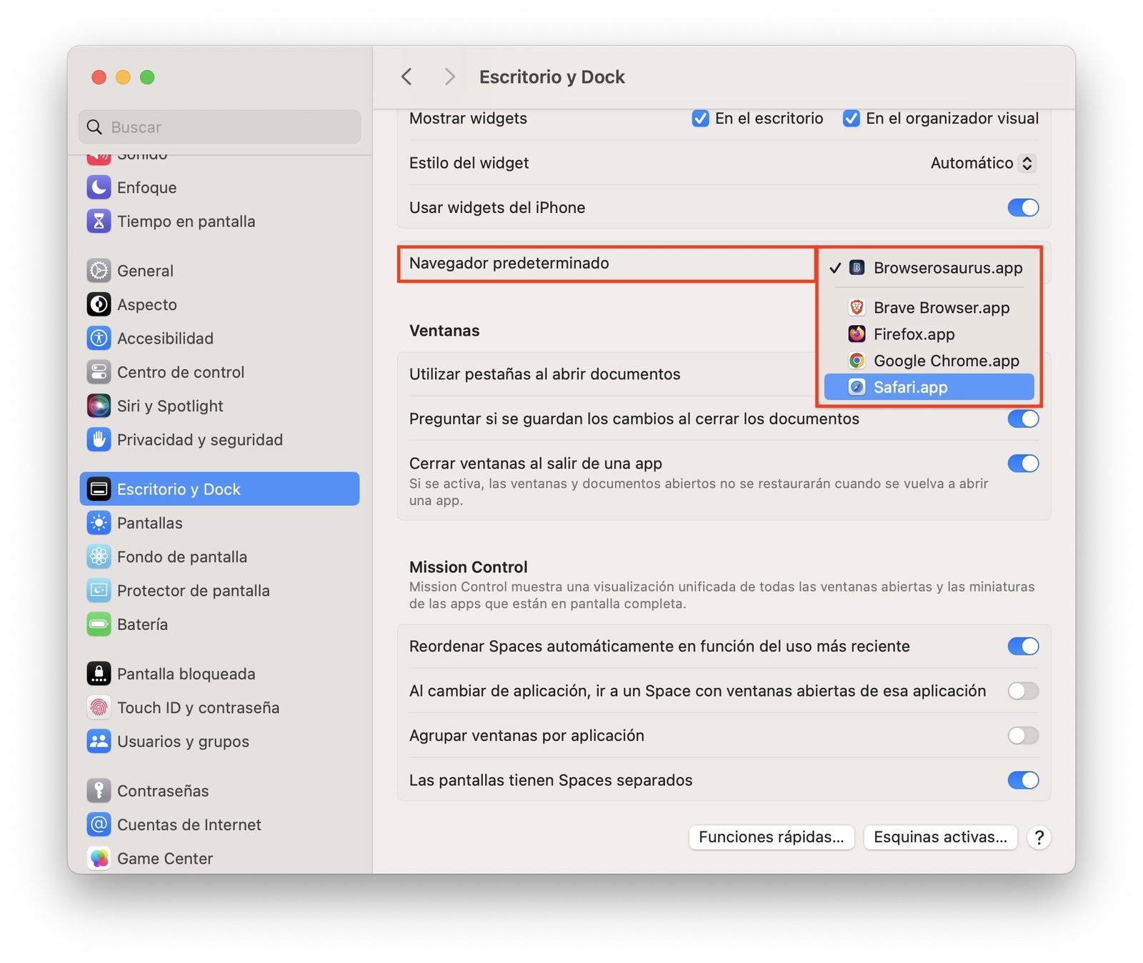 Configuración del sistema para elegir un navegador predeterminado