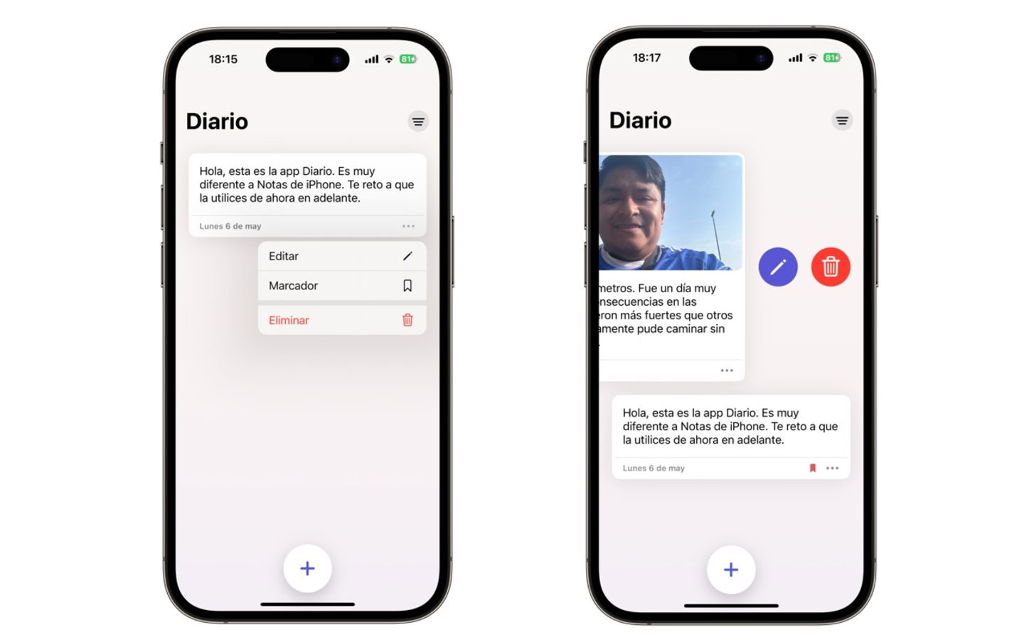 Interfaz principal de la app Diario