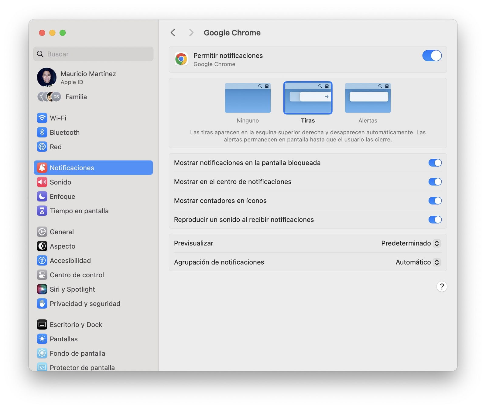 Notificaciones de Google Chrome macOS