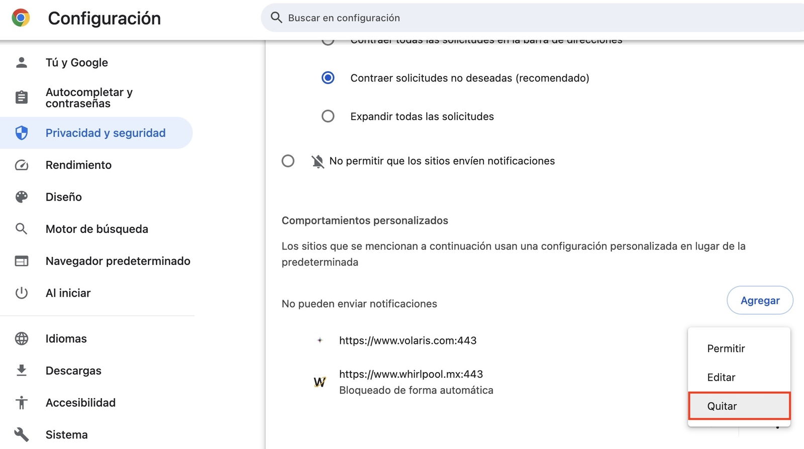 Eliminar un sitio web de notificaciones