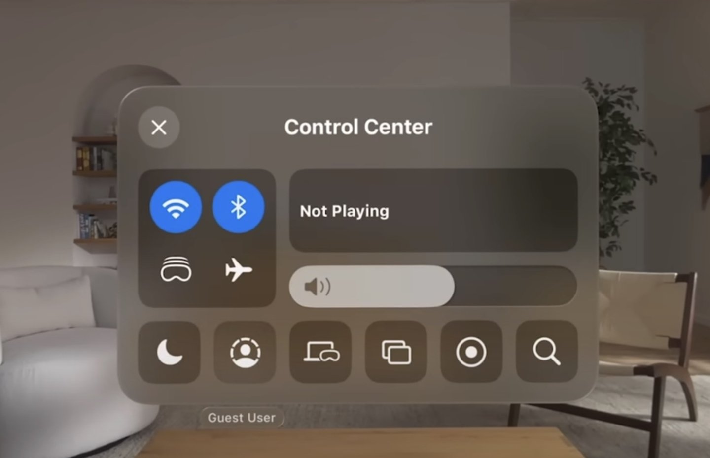 Botones del centro de control en Apple Vision Pro
