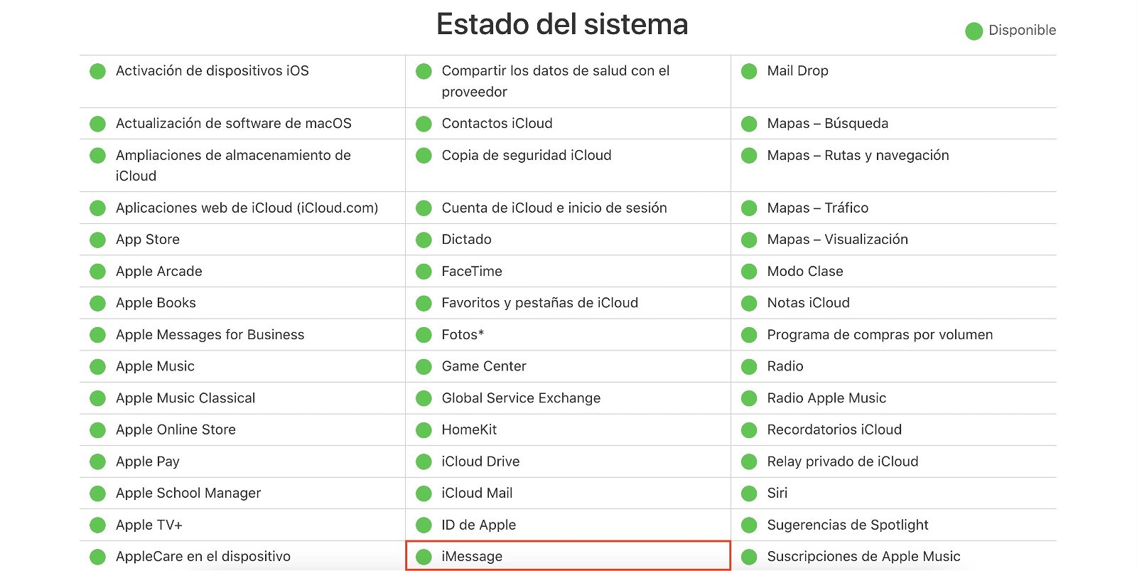 iMessage funcionando en el Estado de sistema de Apple