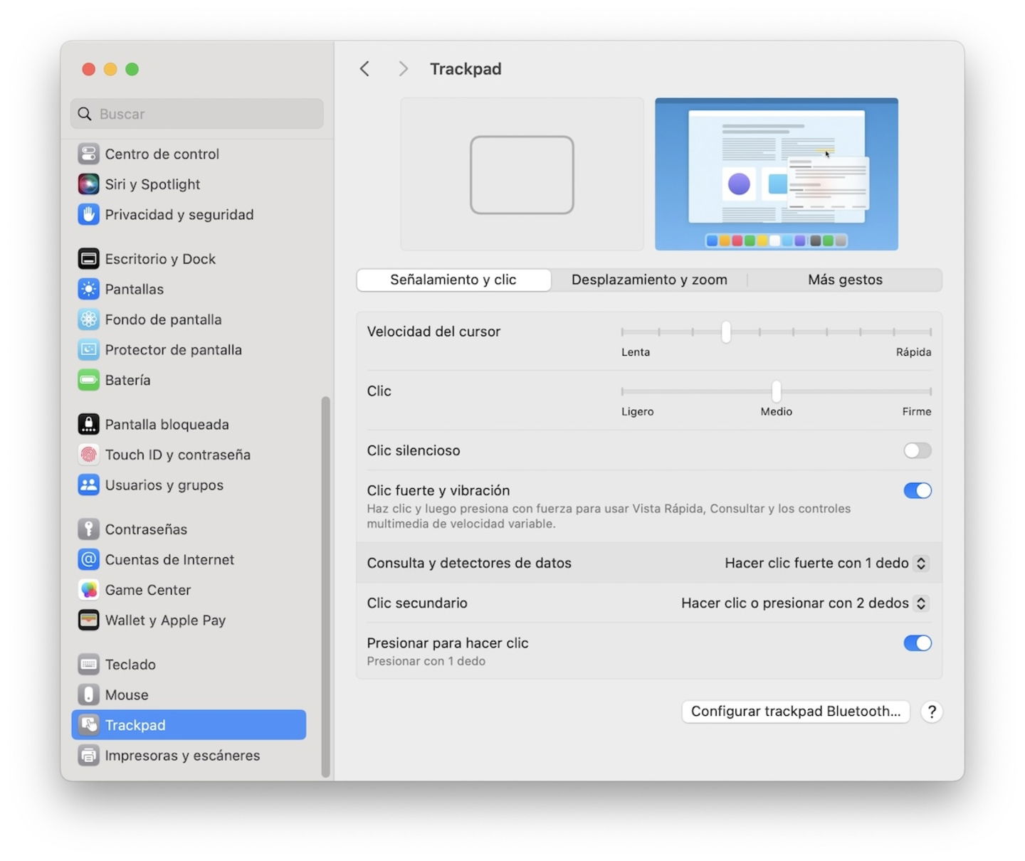 Configuración del sistema en trackpad macOS