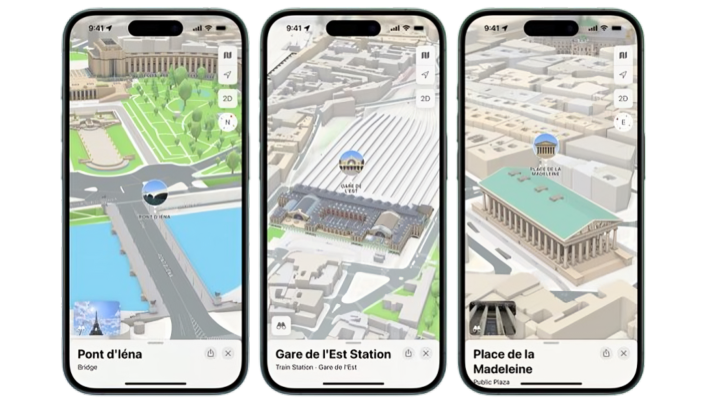 Tres iPhone con la App de Apple Maps en la pantalla