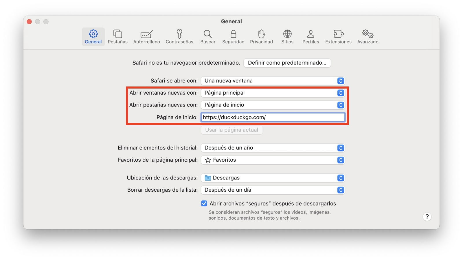 Ajustes de página de inicio Safari