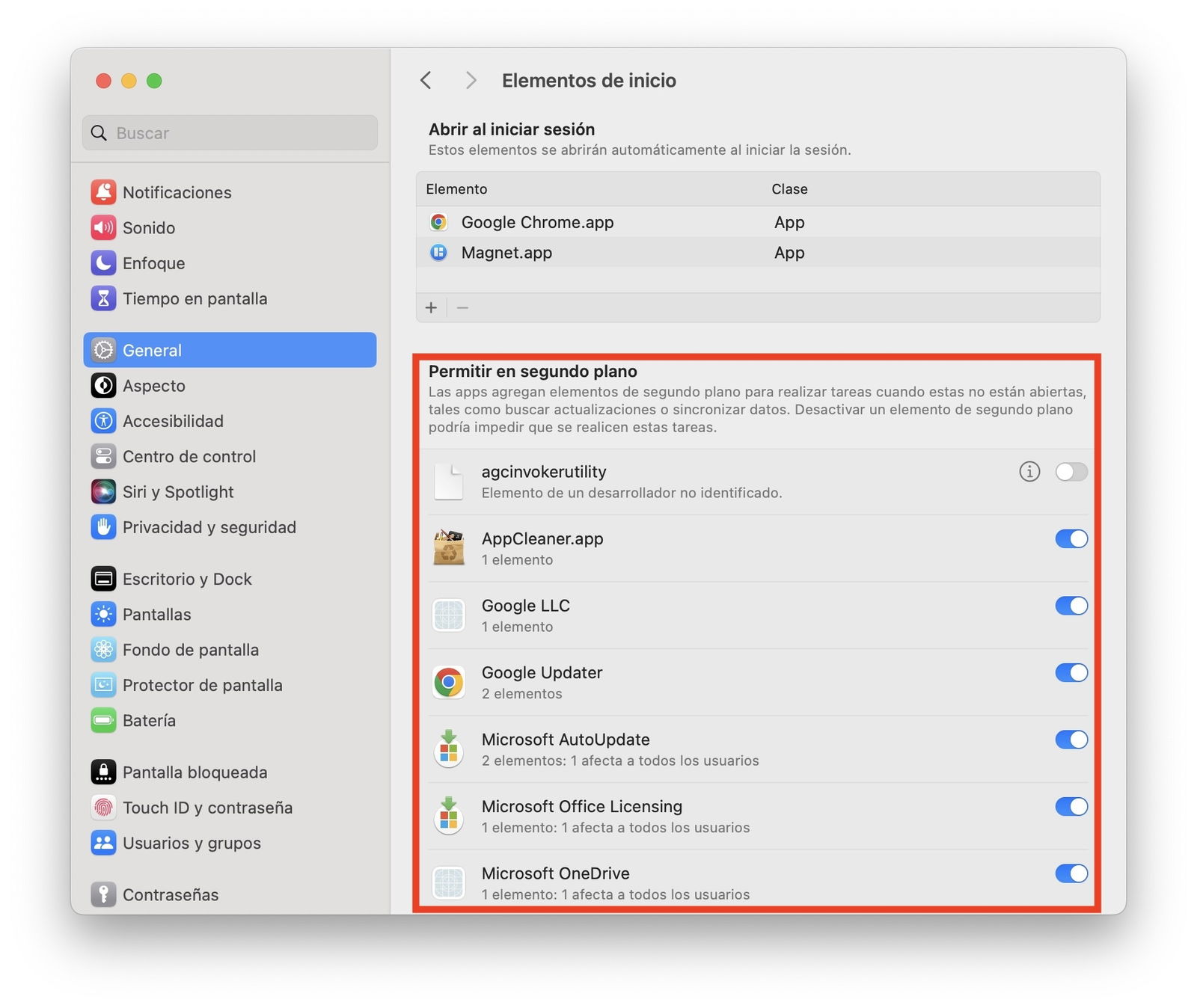 Configuración del sistema en macOS, Apps en segundo plano