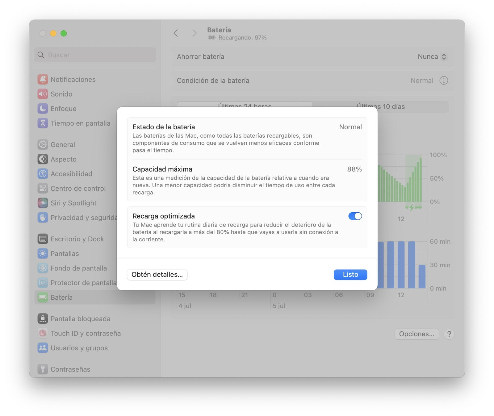 Configuración del sistema, estado de la batería en macOS