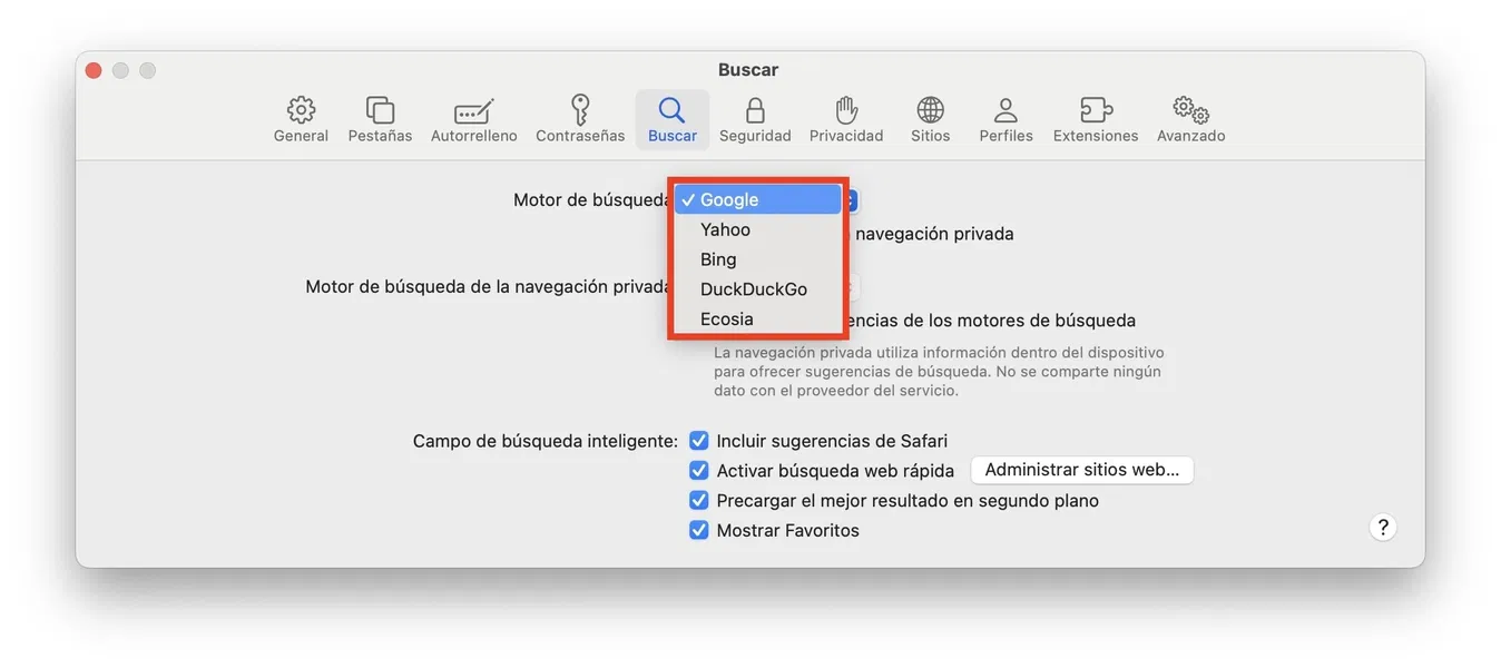 Motores de búsqueda disponibles en Safari macOS