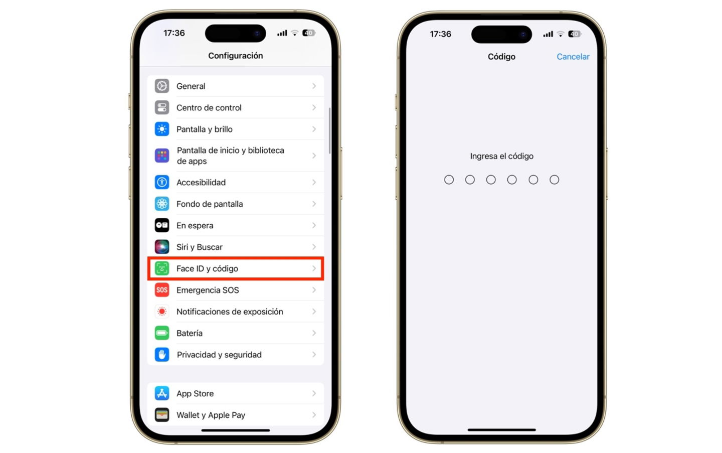 Configuración de iPhone, código