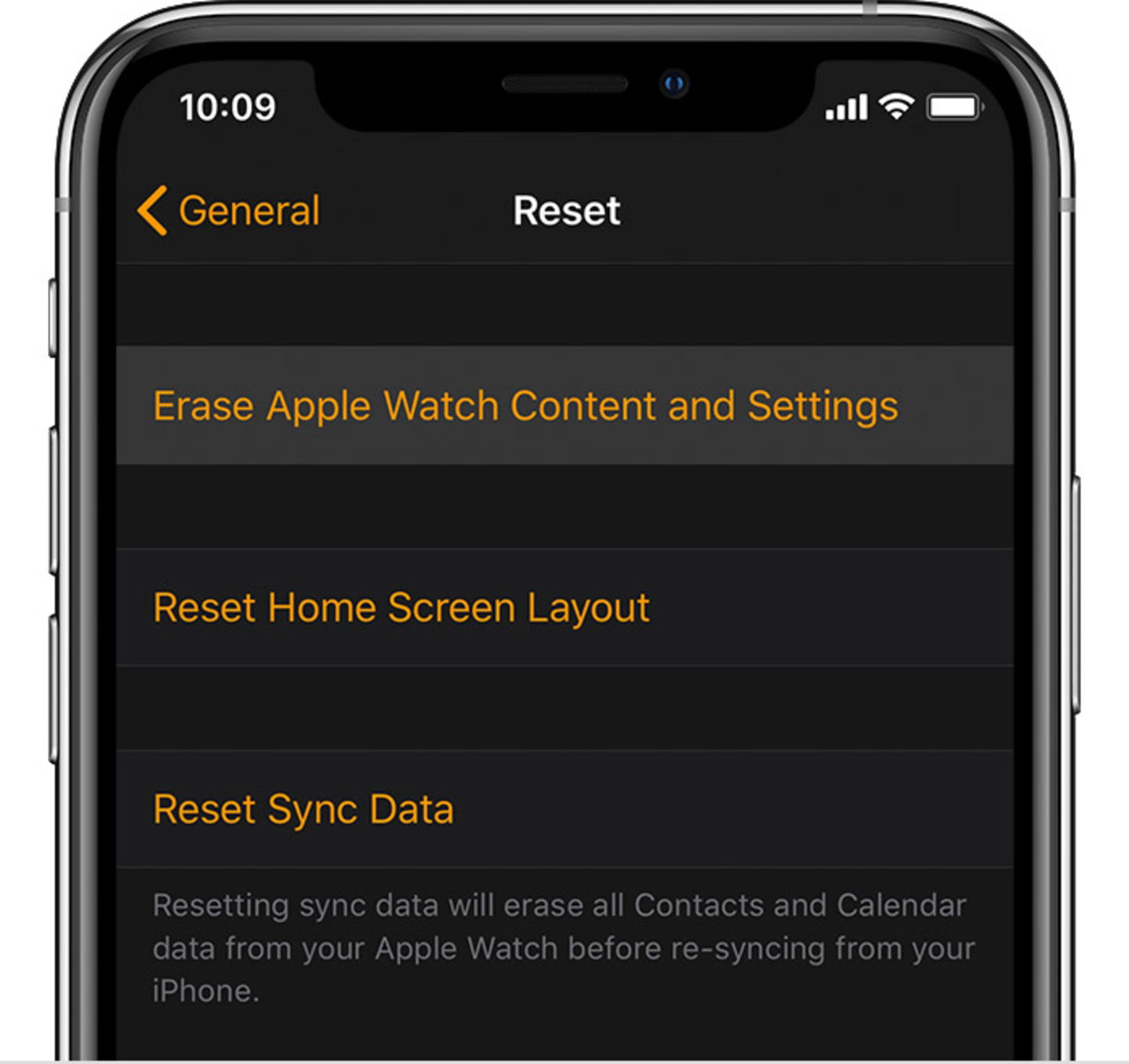 Menú Reset Apple Watch