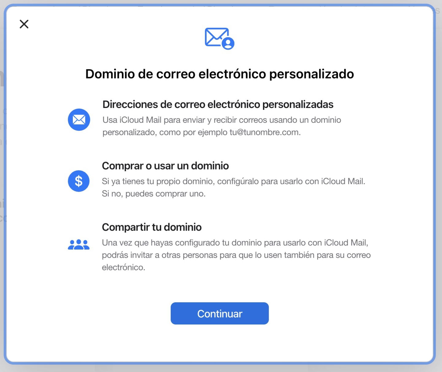 Menú de Dominio de correo electrónico personalizado