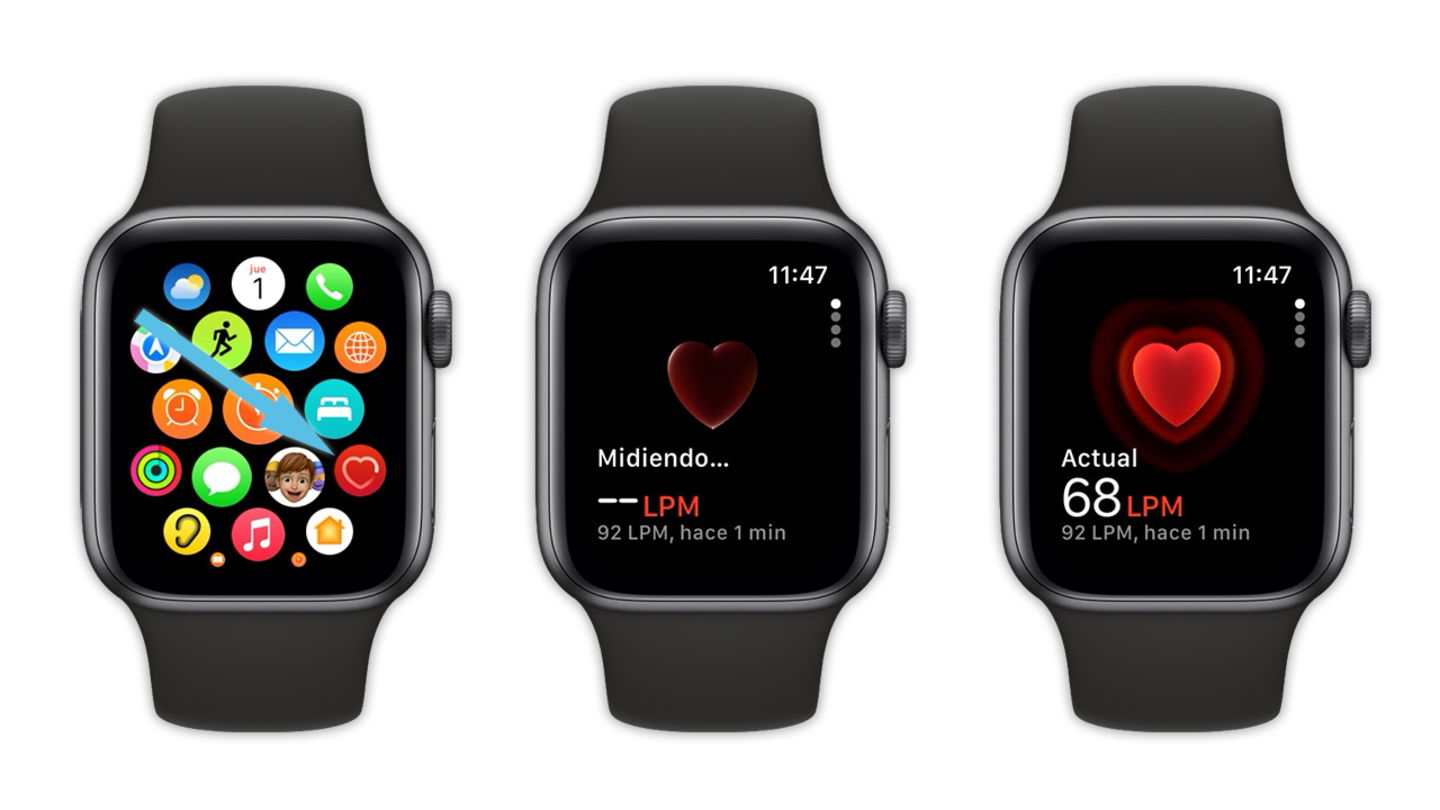 Capturas de pantalla del Apple Watch midiendo al frecuencia cardiaca