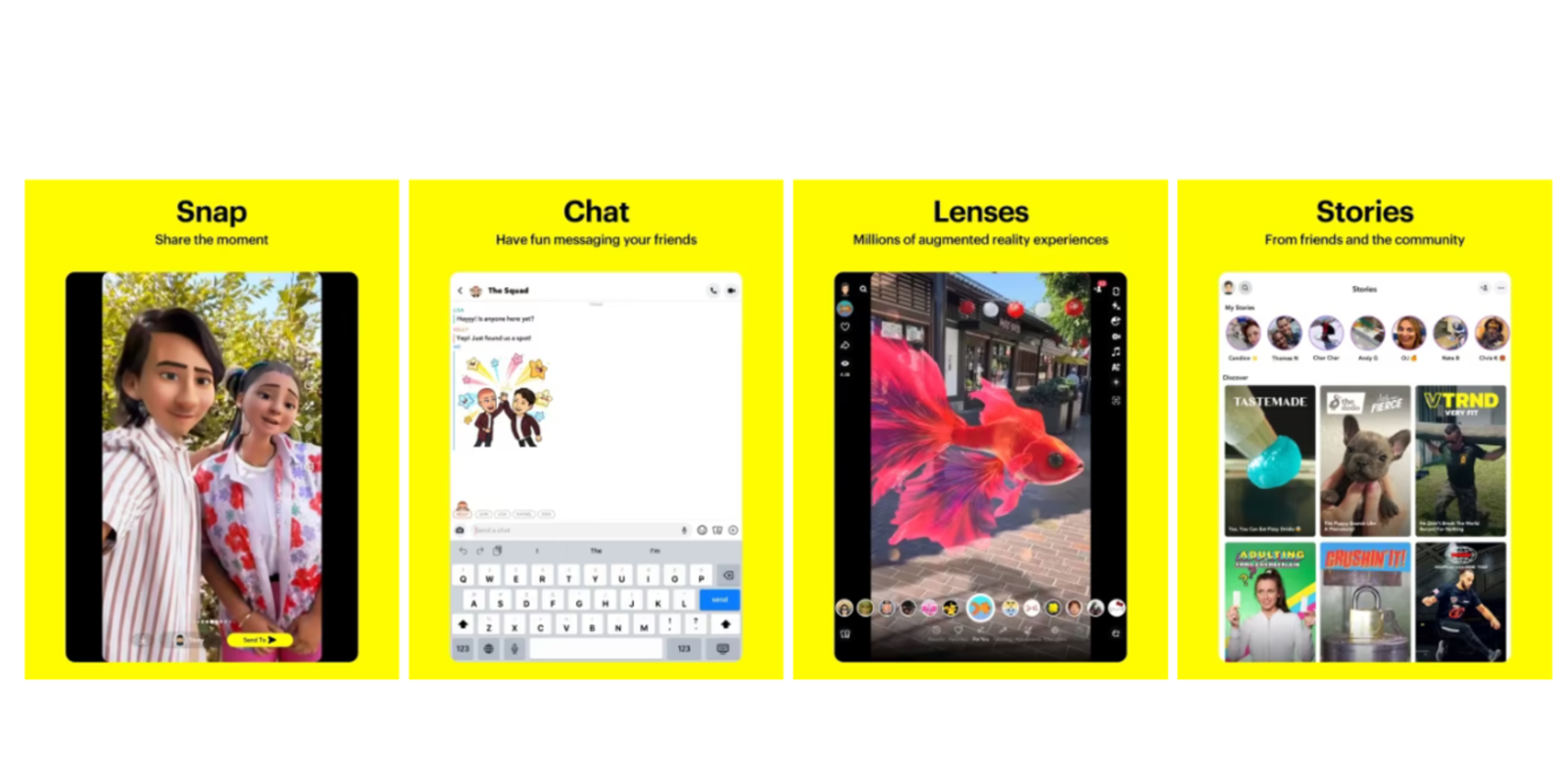 Cuatro pantallas de la interfaz de Snapchat en iPad