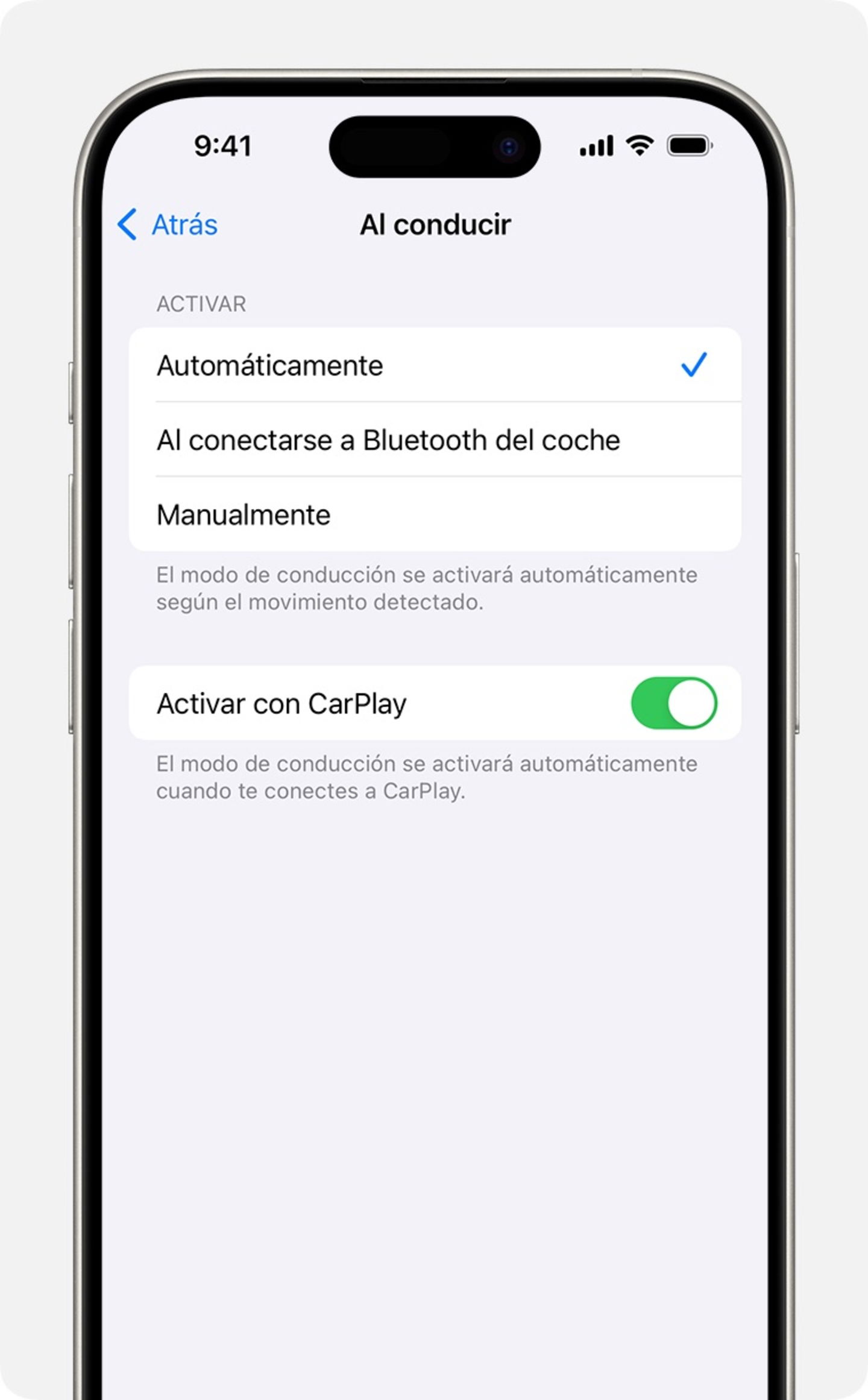 Opciones para activar el modo de conducción en iPhone