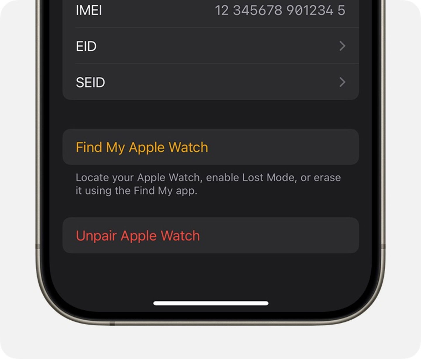 Opciones de Buscar o eliminar Apple Watch