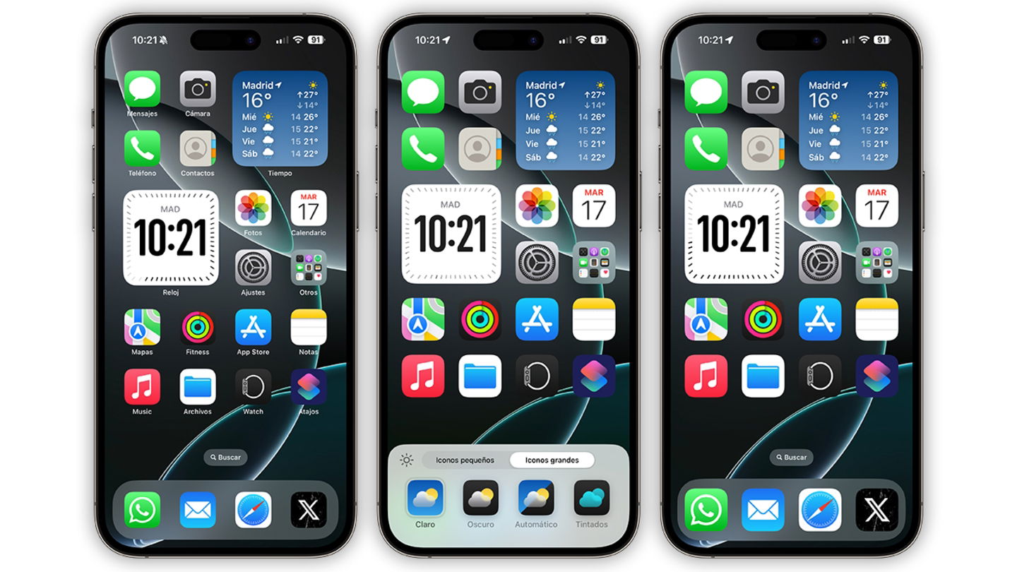 Capturas de pantalla de un iPhone con iOS 18 y los iconos grandes