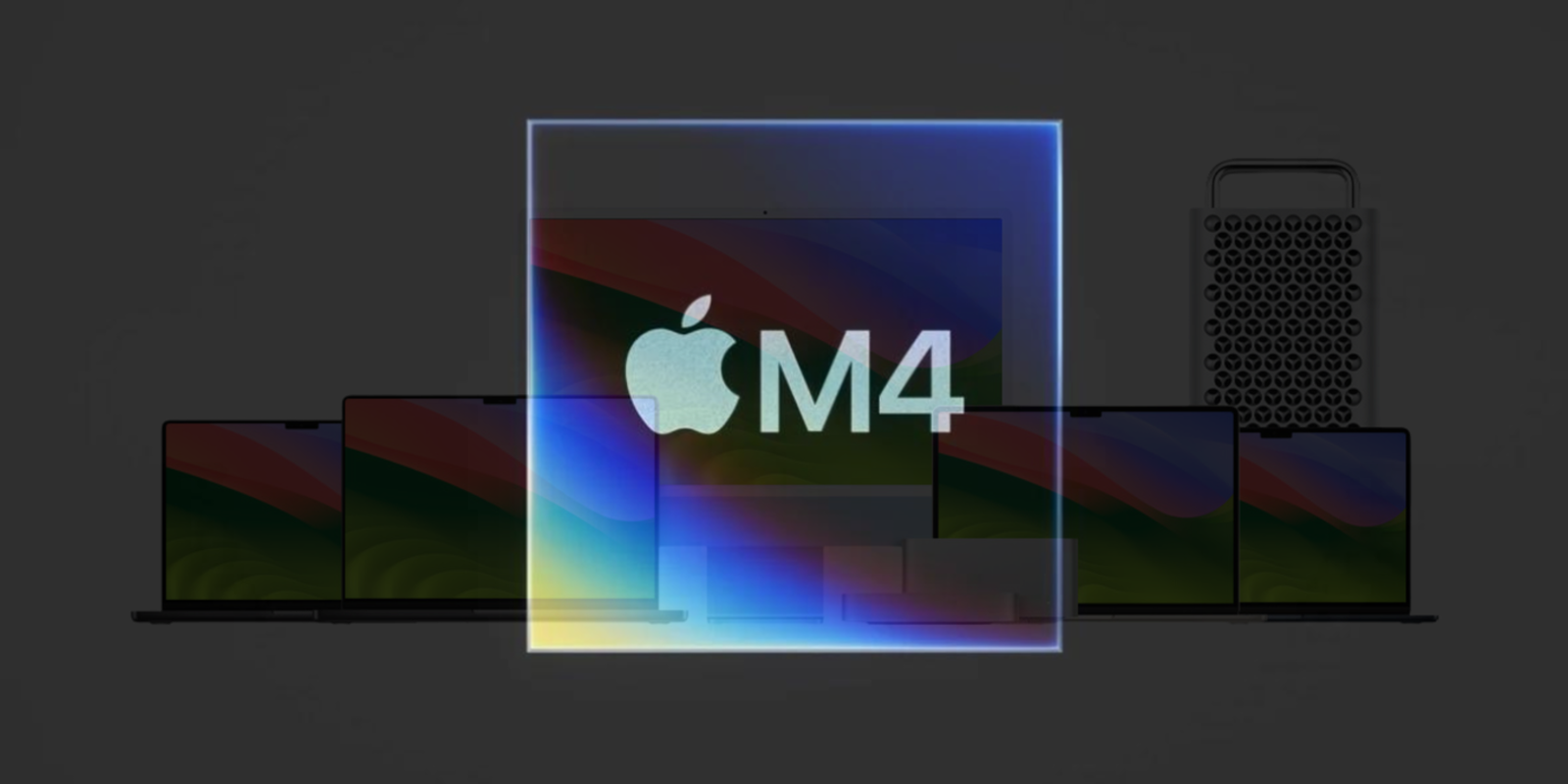 Foto con todos los modelos de Mac con una logo del chip m4 de apple encima