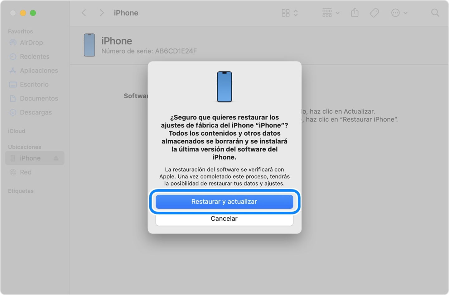 Pantalla para confirmar restauración de iPhone en Mac