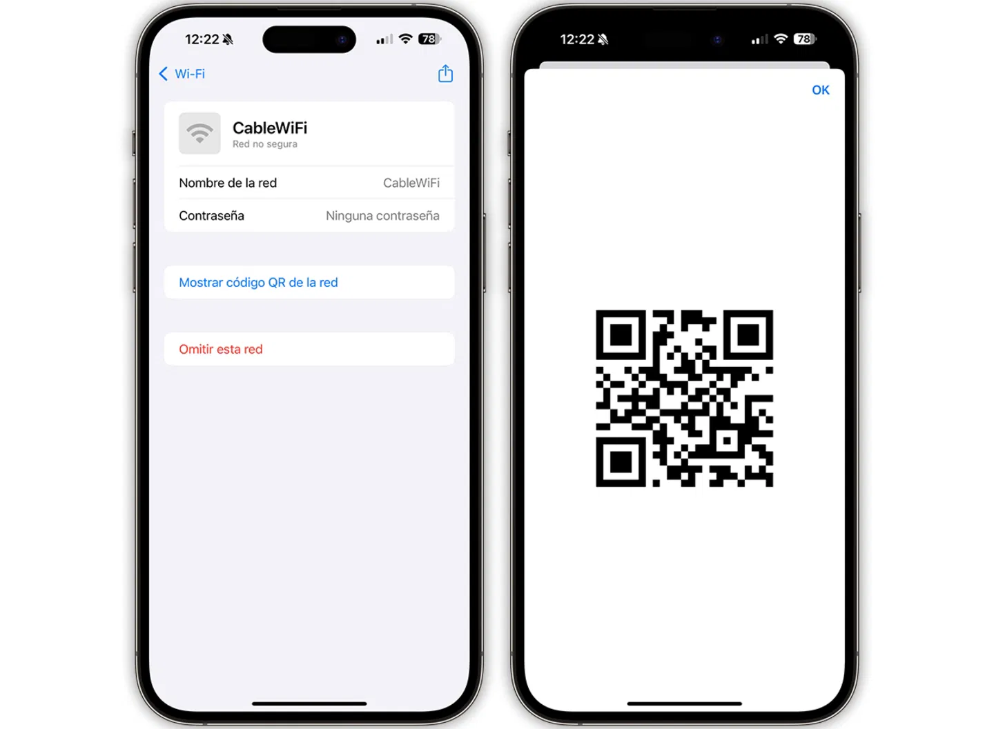 Capturas de pantalla del iPhone compartiendo Wi-Fi por QR