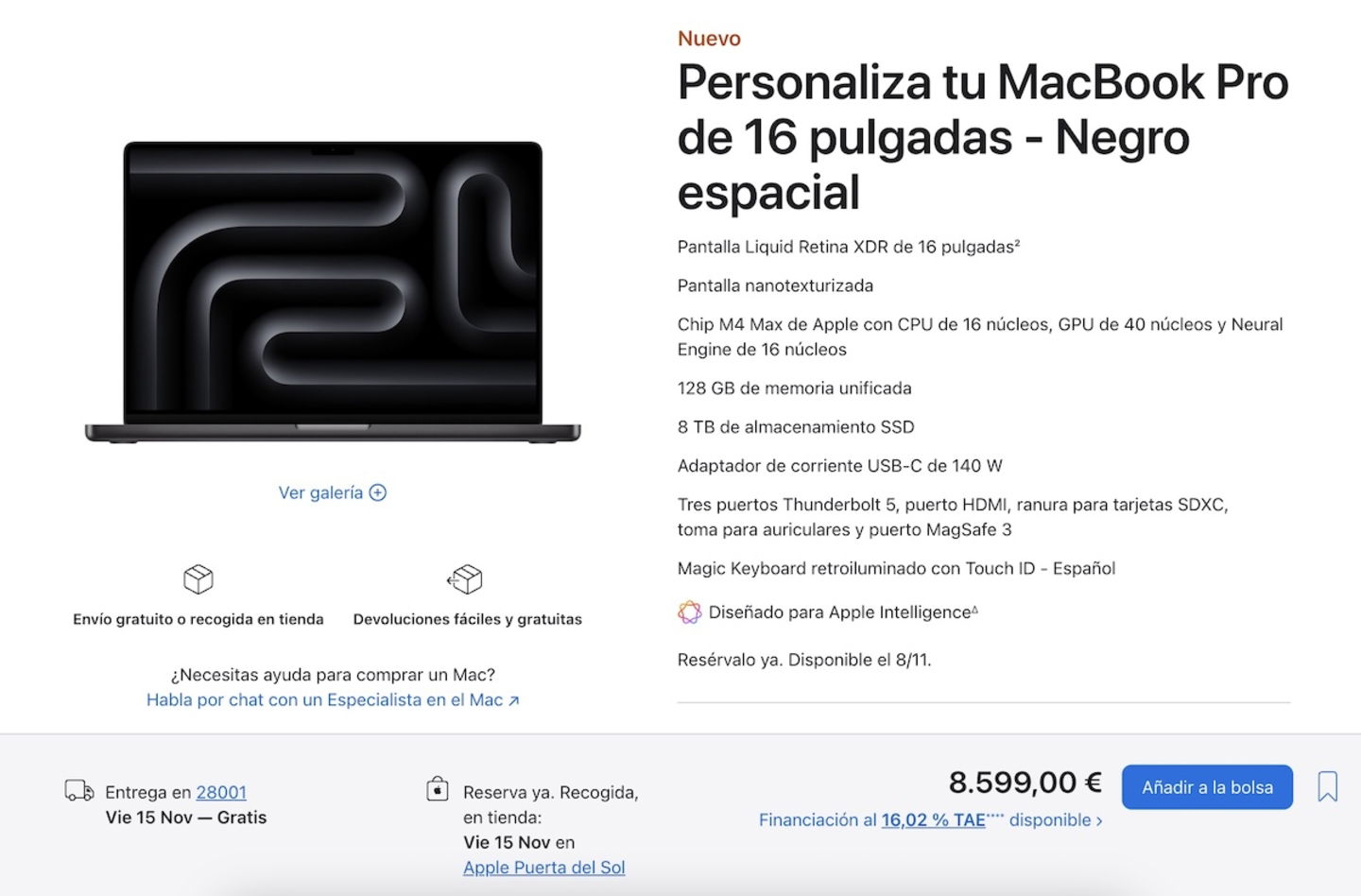 Página web de Apple, compra de un MacBook Pro