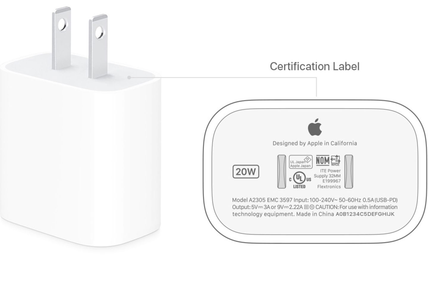 Etiqueta certificada del cargador de Apple para iPhone