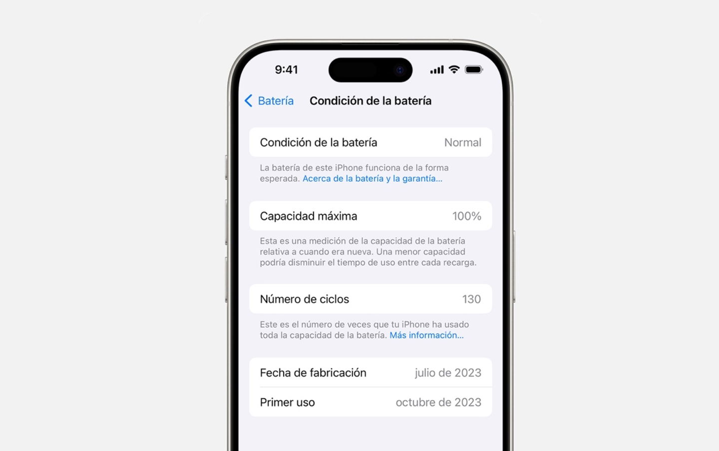 Condición de la batería en un iPhone 15