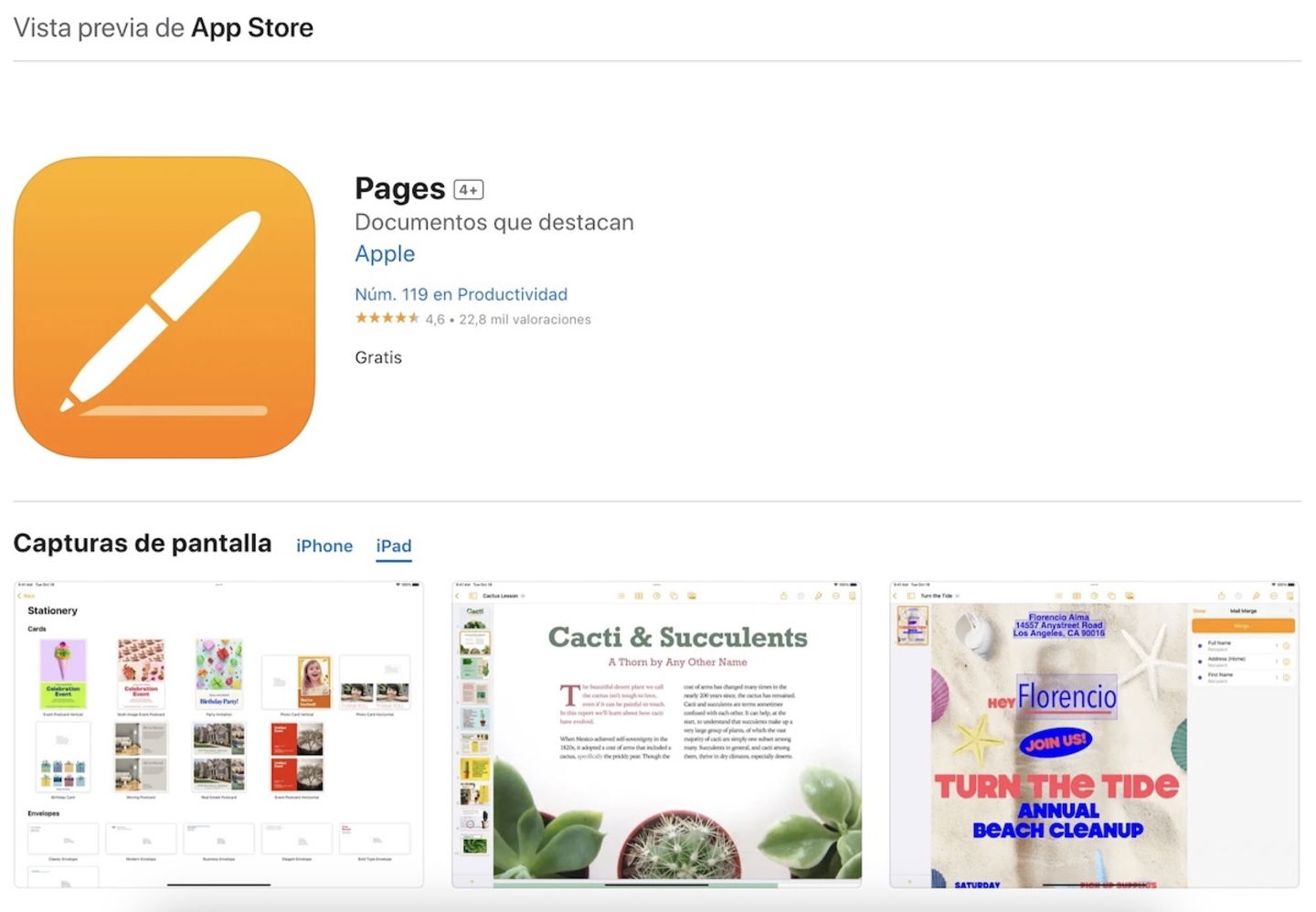 Página web de Pages en la App Store