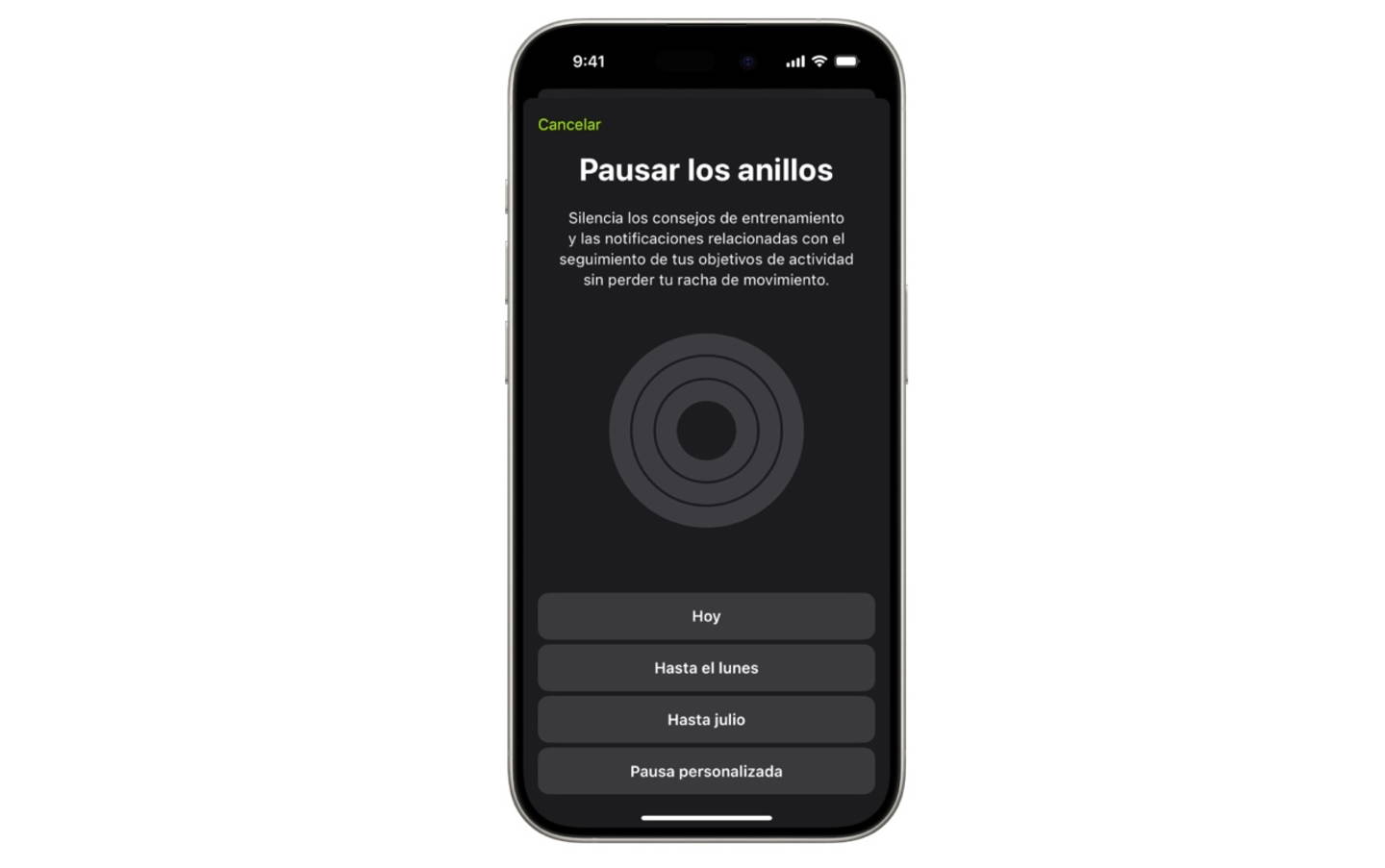 Ajustes de anillos de actividad en app Fitness