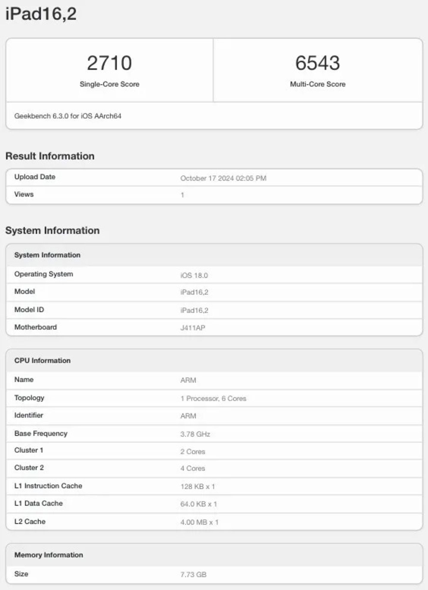 Datos del chip A17 Pro del iPad mini 7