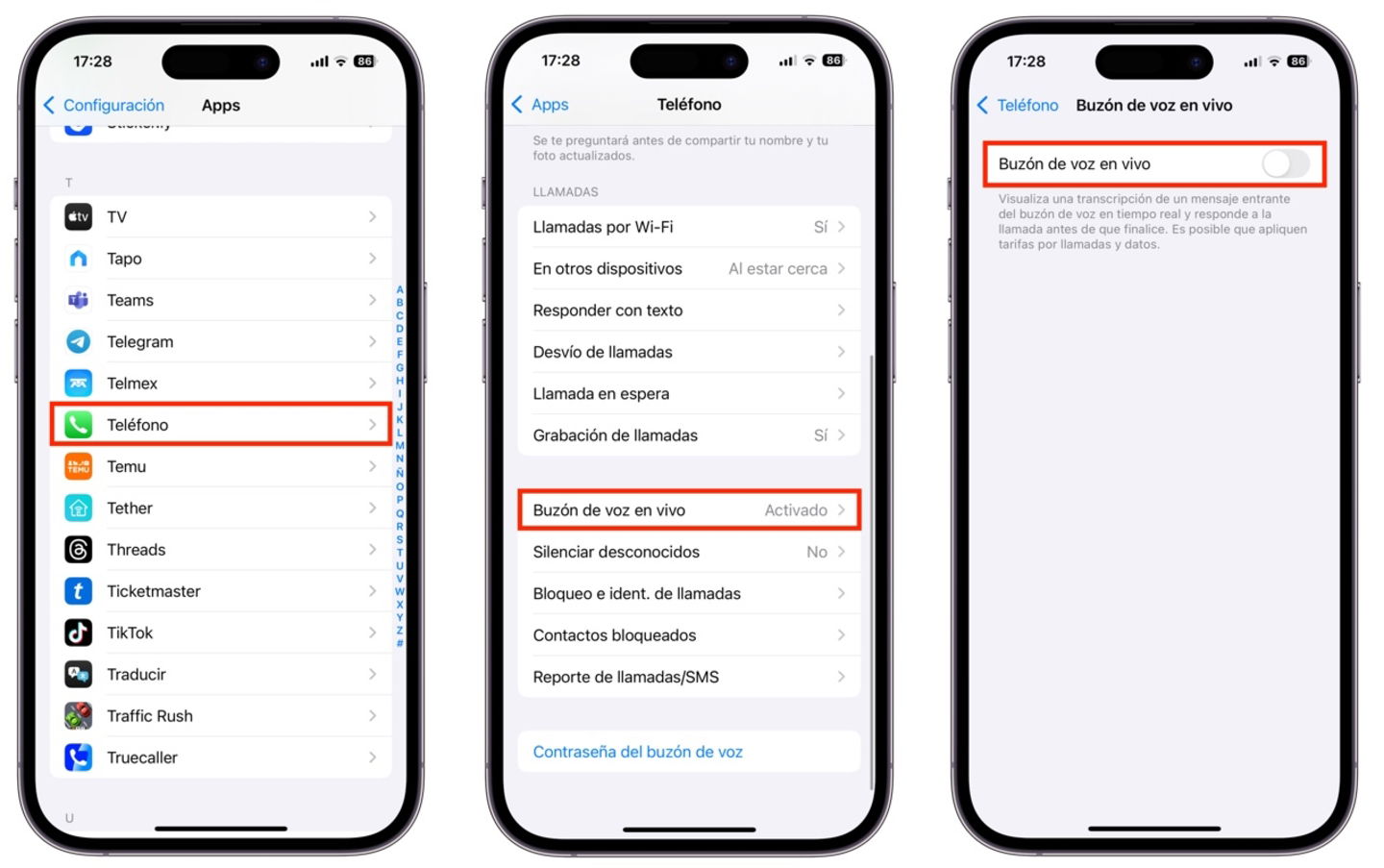 Configuración, Teléfono y Buzón de voz