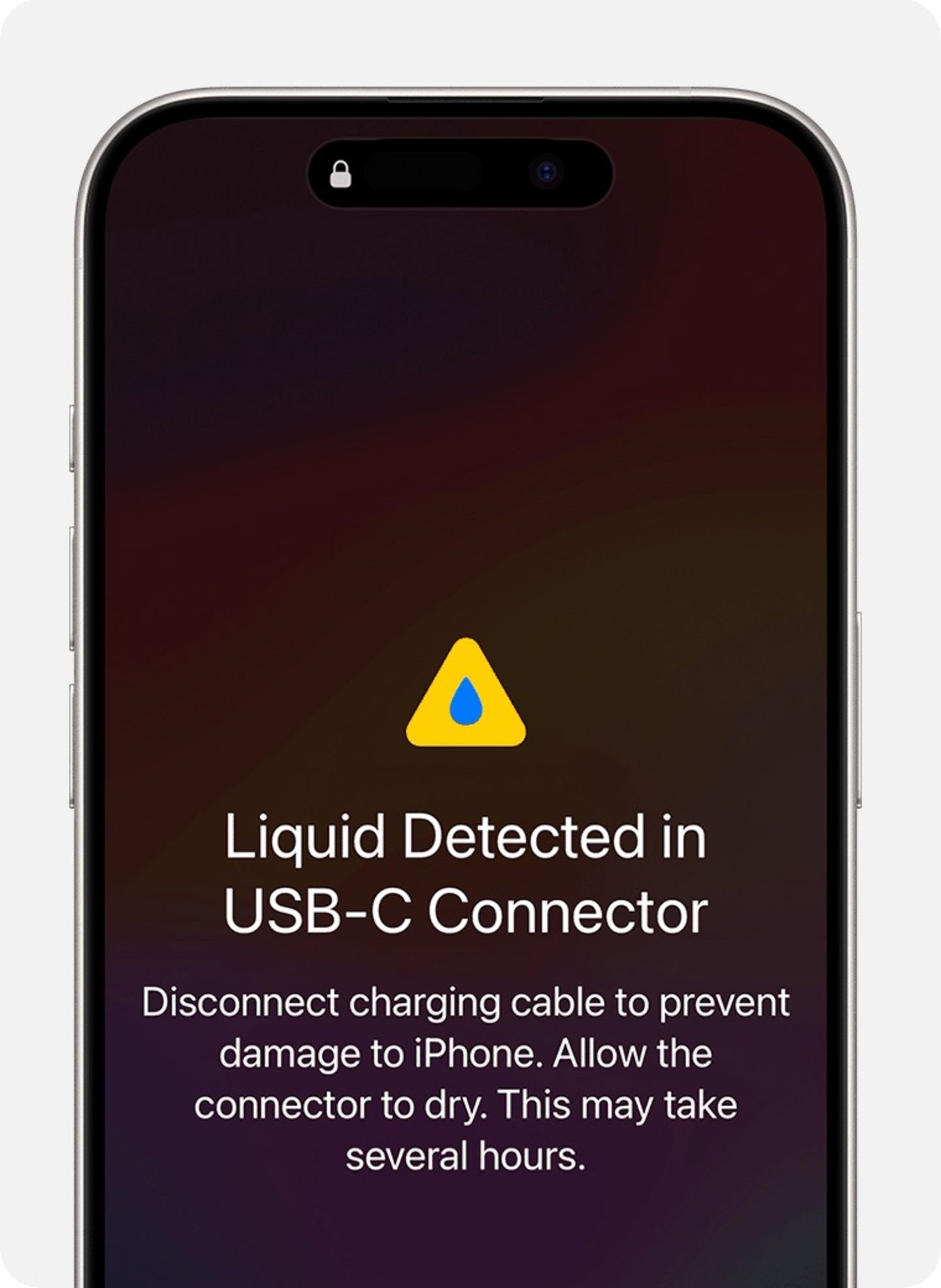 iPhone mostrando alerta de líquido en puerto USB-C