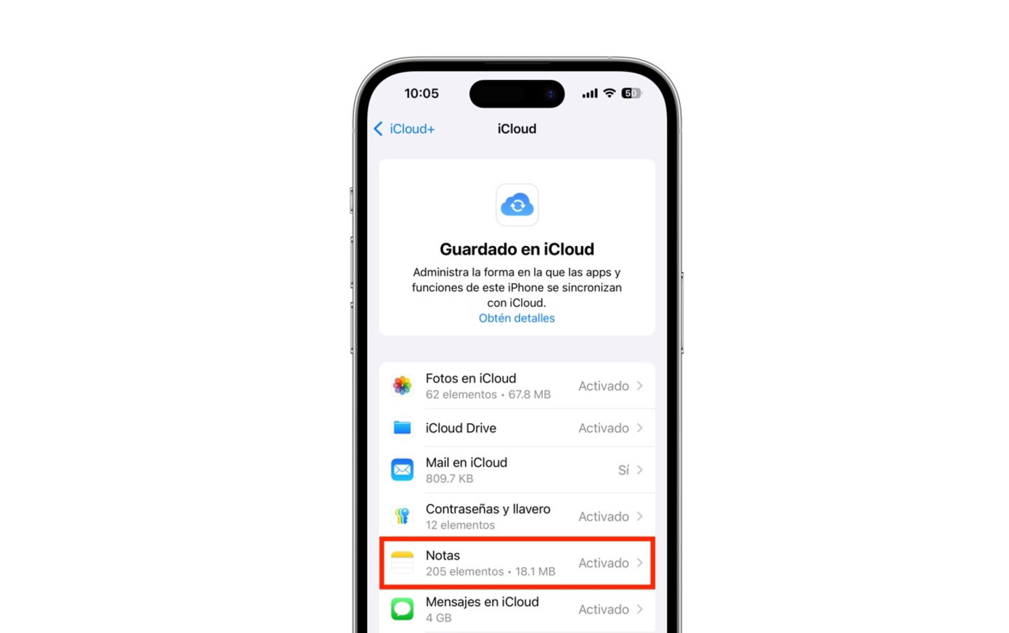 Ajustes de sincronización iCloud