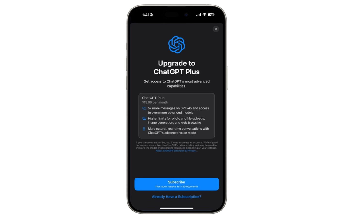 Pantalla de suscripción ChatGPT Plus en iPhone
