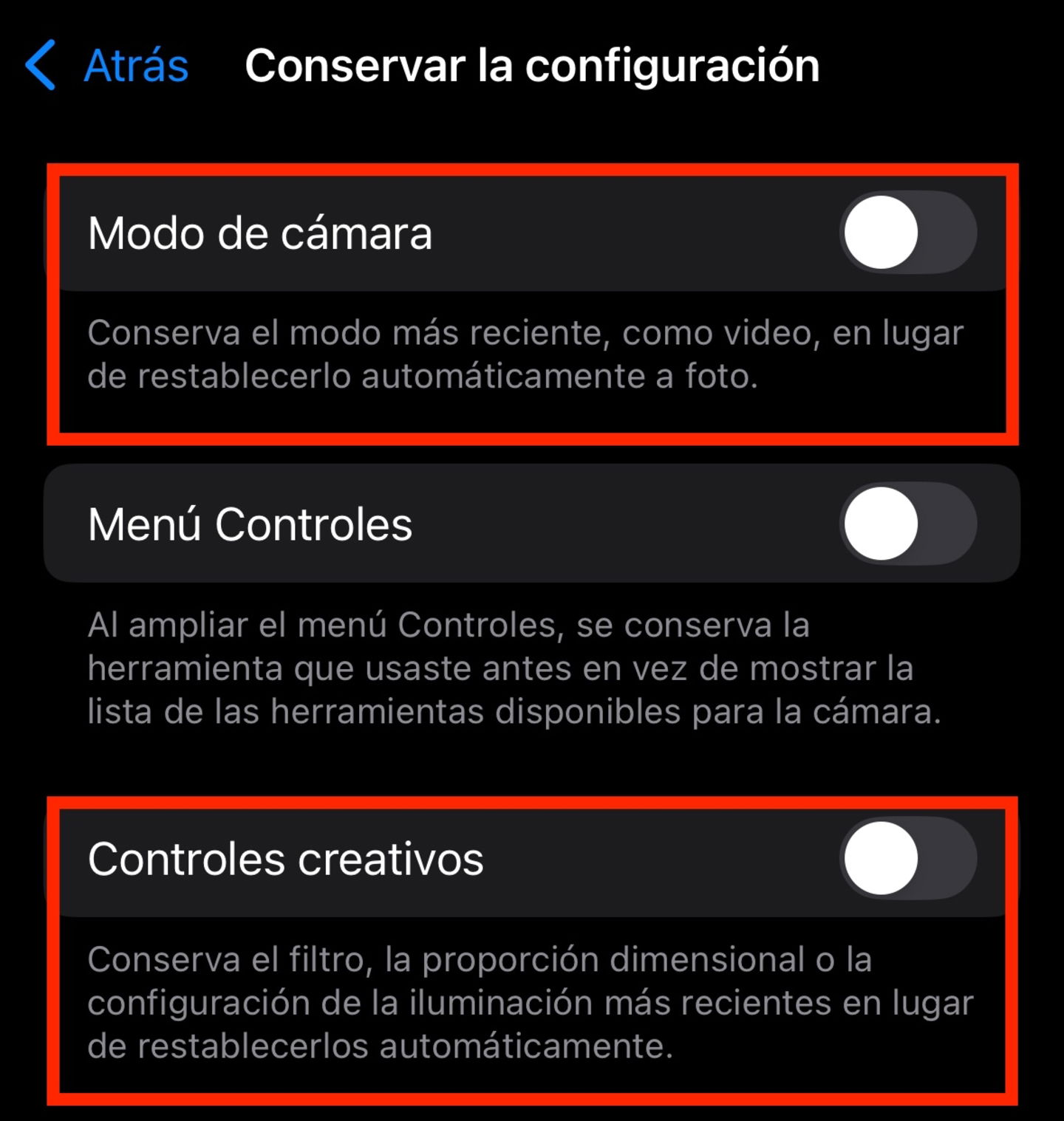 Ajustes de cámara en iPhone