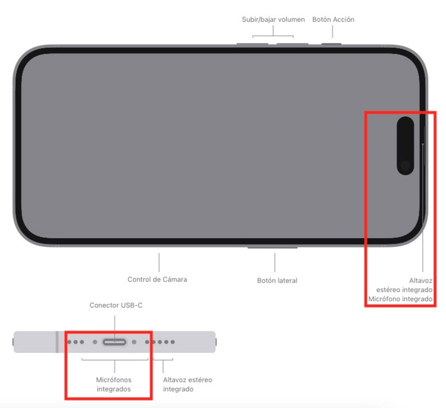 Grafico de un iPhone 16, puertos, micrófonos y más