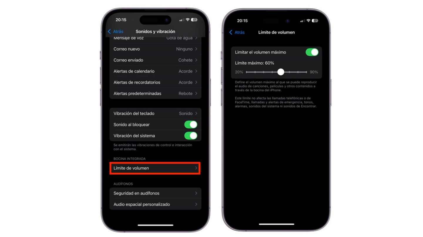 Ajuste de volumen máximo en iPhone
