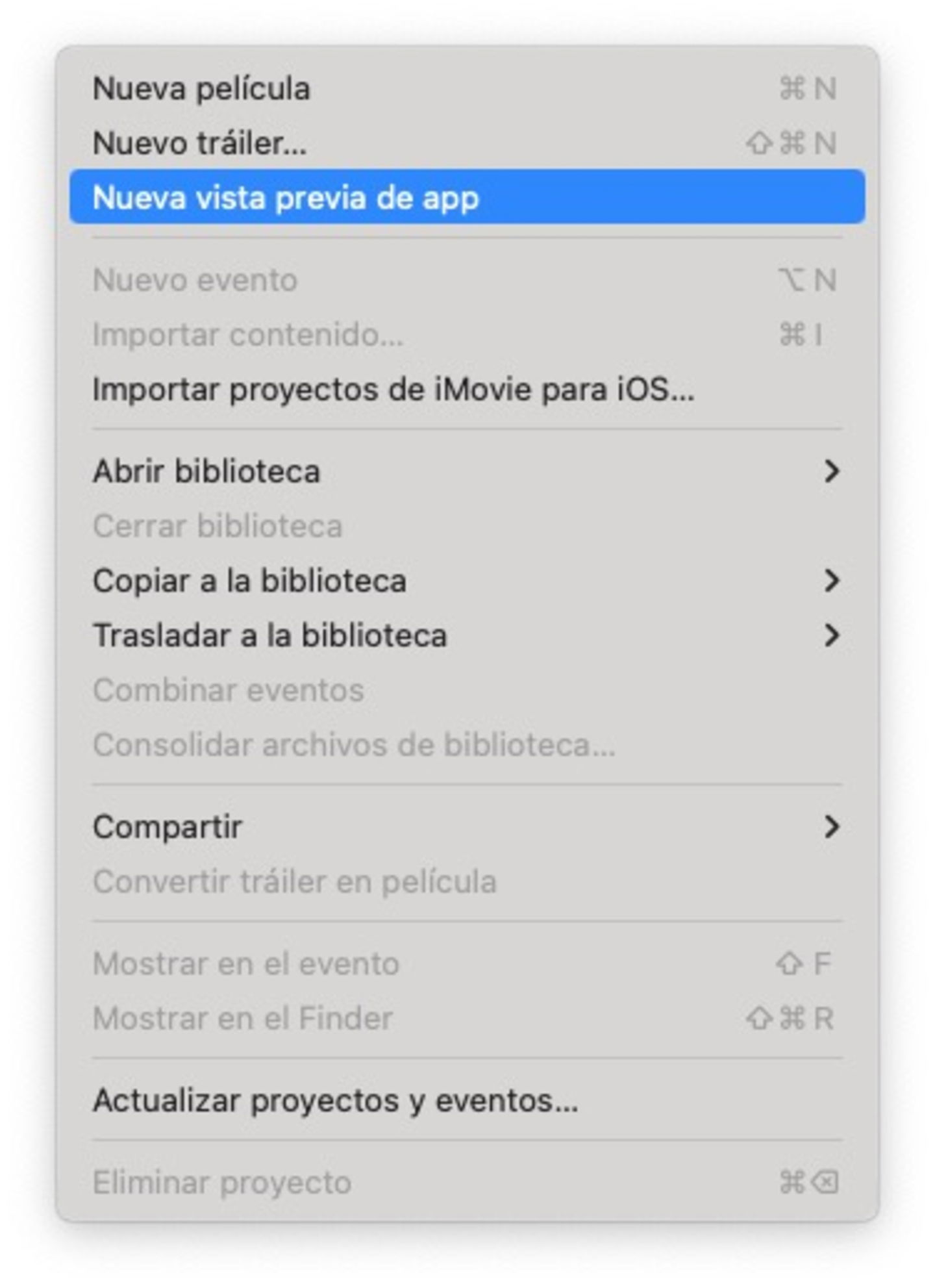 Opciones del menú Archivo iMovie