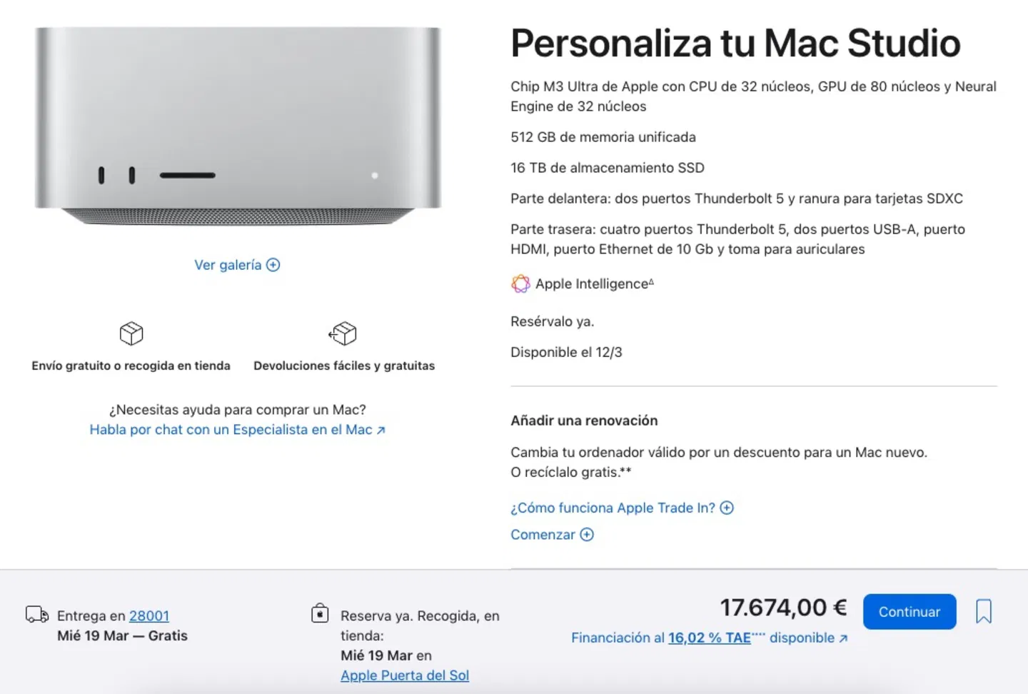 Configuración de Mac Studio en la Apple Store online