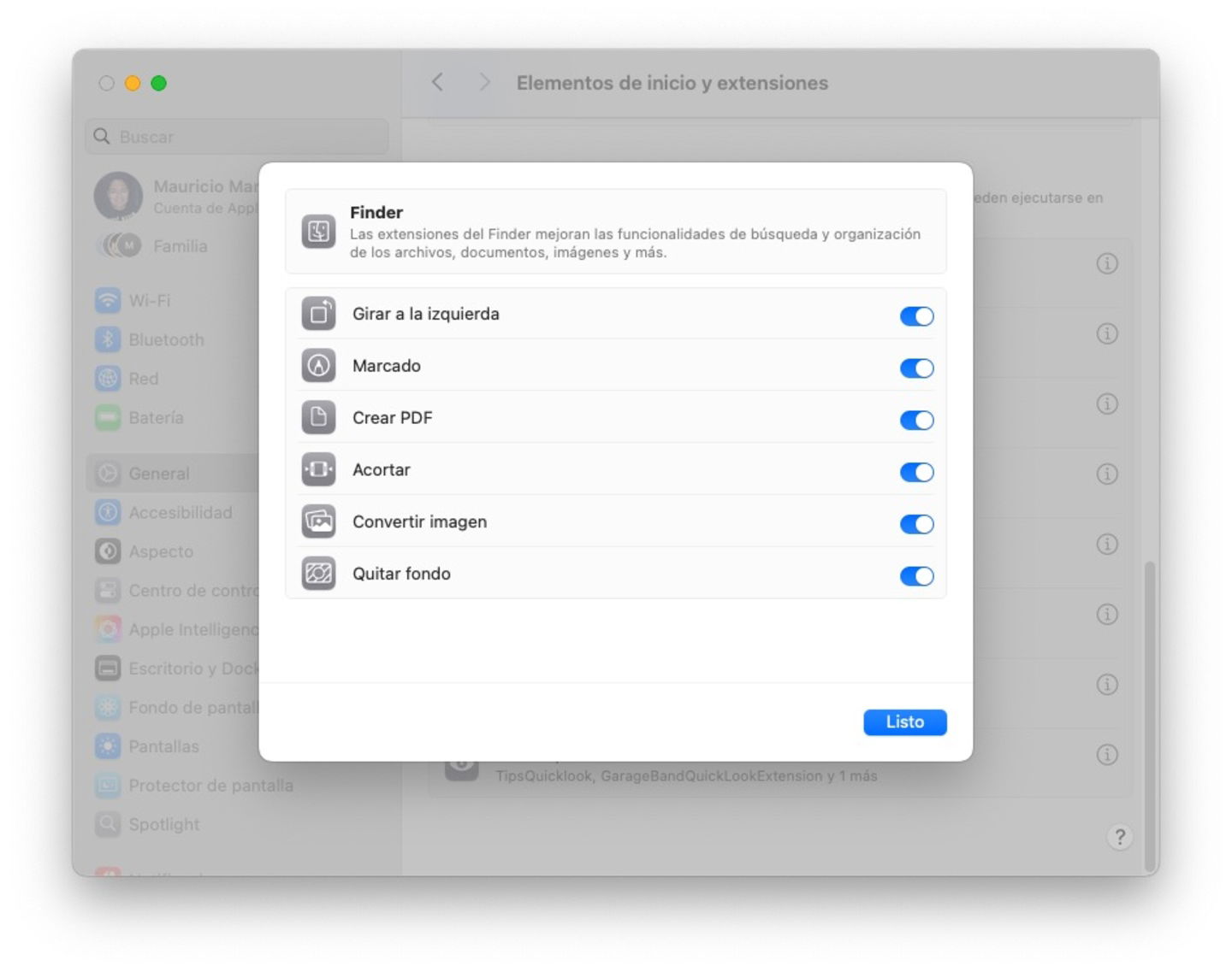 Opciones del Finder como acciones rápidas