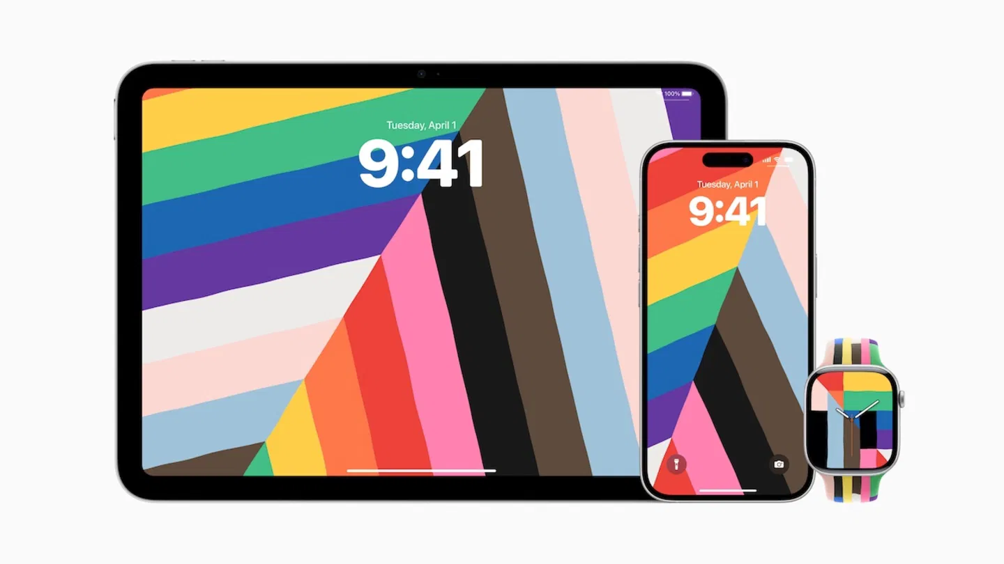 Colección Pride 2025 con un iPhone, un iPad y un Apple Watch