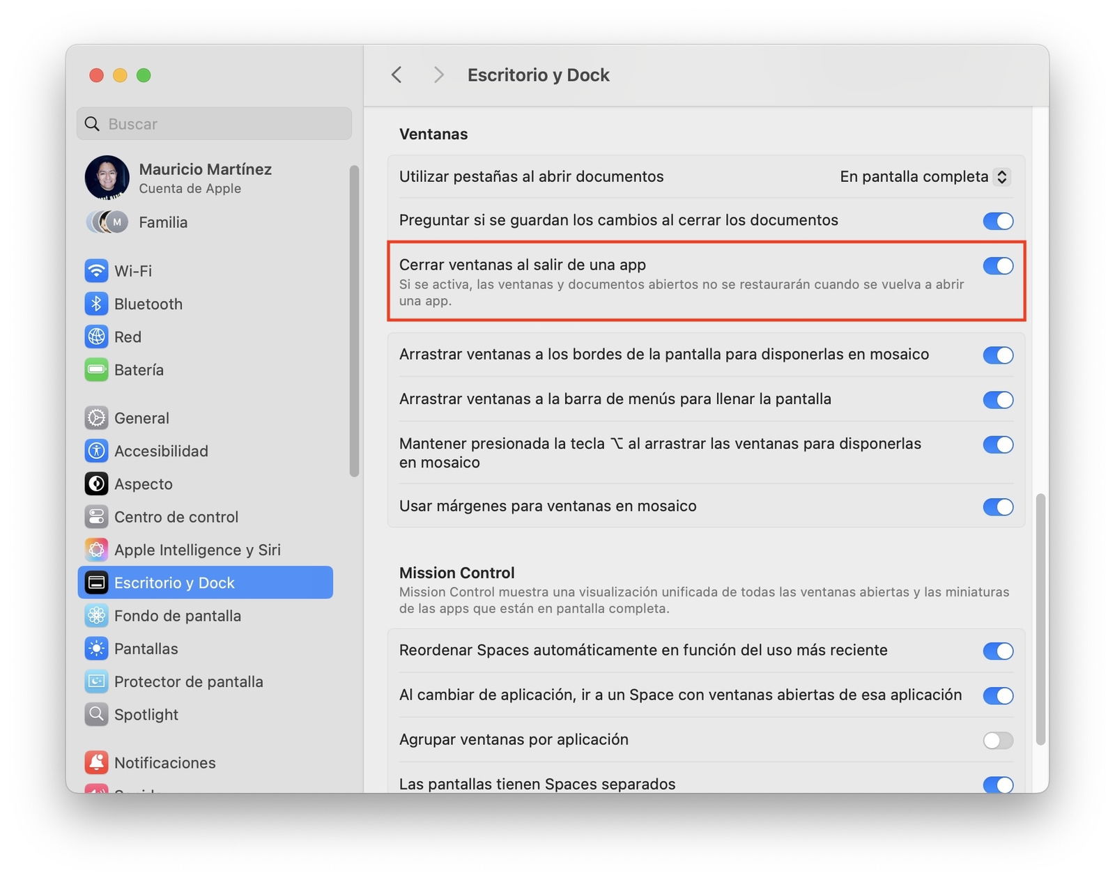 Ajustes de macOS, Escritorio y Dock