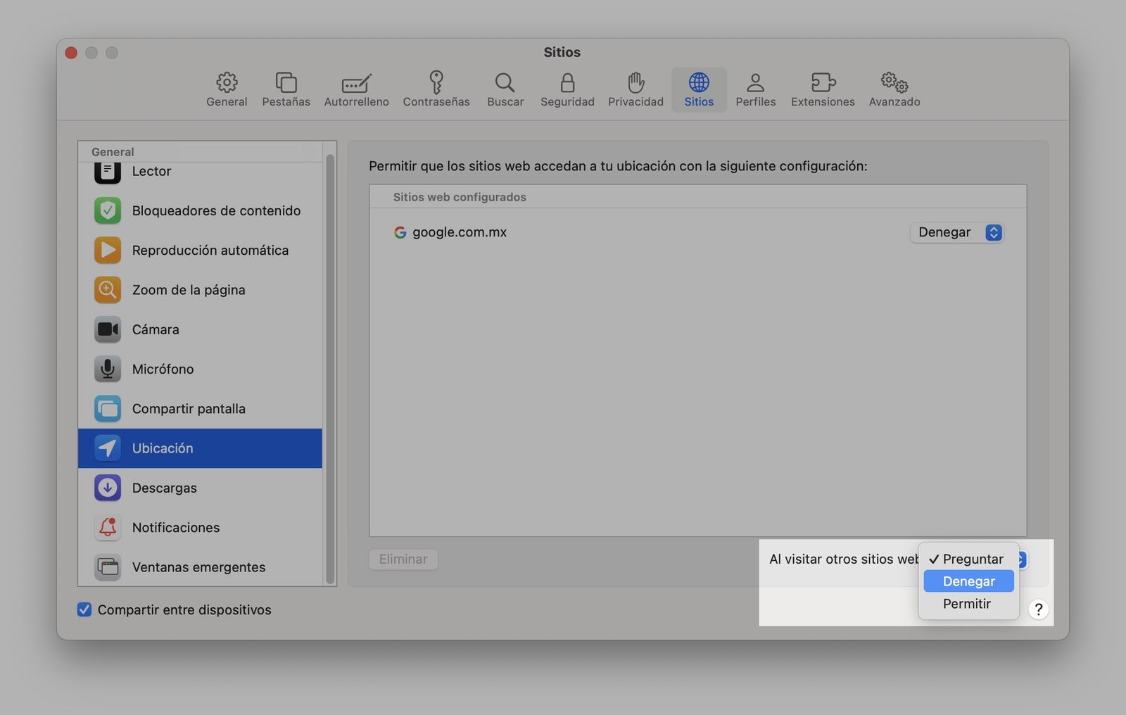 Ajustes de ubicación en Safari macOS