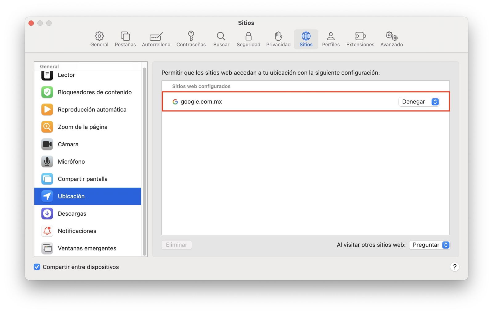 Ajustes de ubicación en Safari macOS